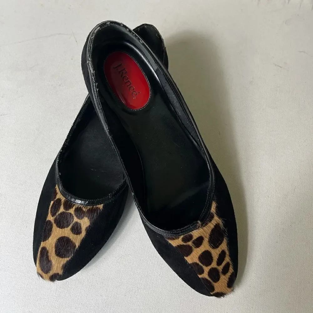 J Renée Kory black leather suede leopard print calf hair flats size 9.5